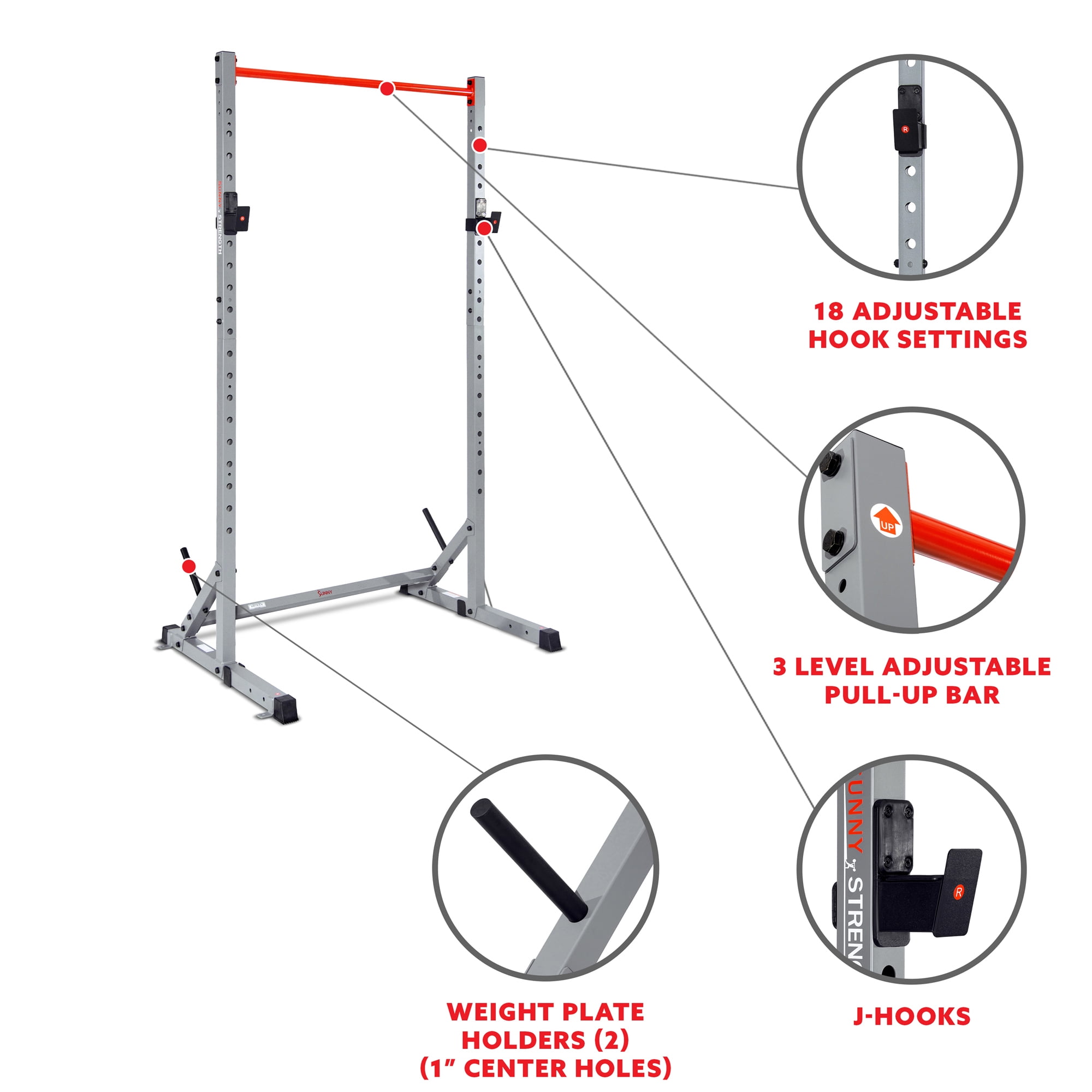 Sunny Health & Fitness Adjustable Squat Stand Power Rack, Grey, Heavy-Duty Steel