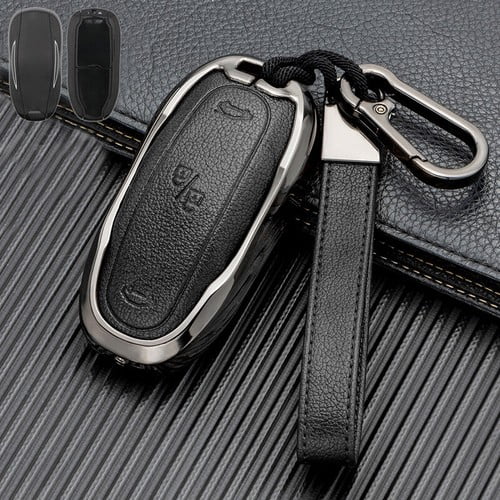 Car Key Fob Cover Case Protector Zinc Alloy Leather Car Smart Remote Key Fob Case Cover Bag For Tesla Model S 3