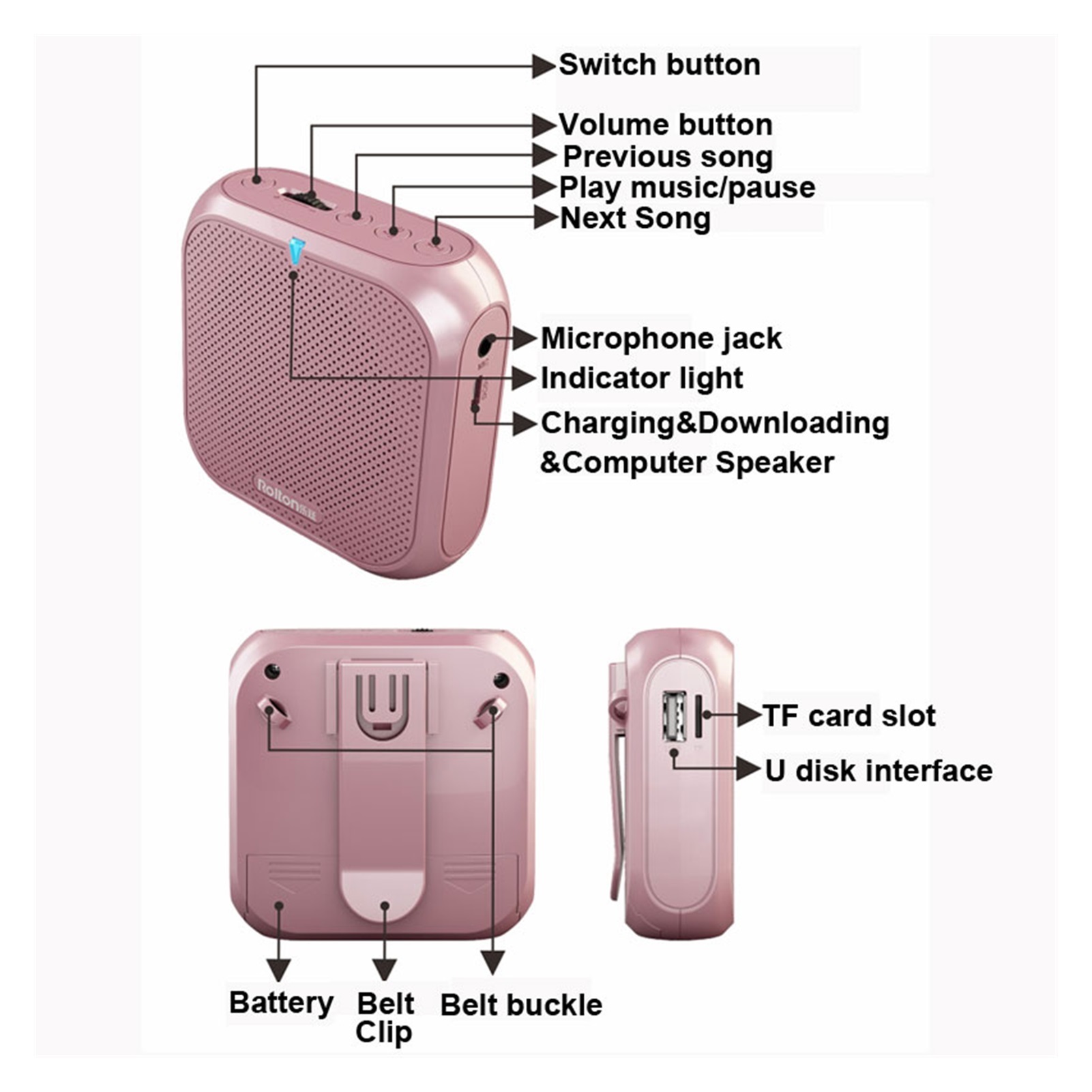 Portable Voice Amplifier Megaphone Booster with Wired Microphone Loudspeaker Speaker FM Radio MP3 Teacher Training ,Easy to Operate