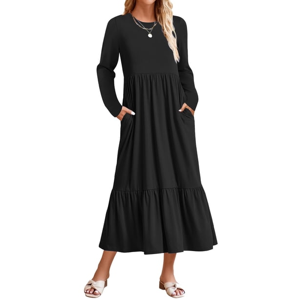 WILLBEST Vestidos de Verano para Mujer, Vestido de Otoño 2023 de Manga Larga, Cuello Redondo, Informal, Suelto, con Capas y Bolsillos Grande