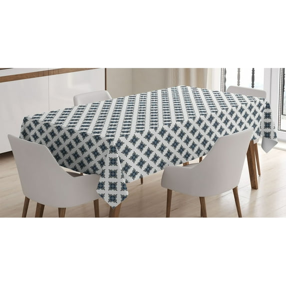 Victorian Tablecloth, Damask Motifs with Royal Renaissance Style Baroque Details Classical Design, Rectangle Satin Table Cover for Dining Room and Kitchen, 52" X 70", Blue Black White, by Ambesonne
