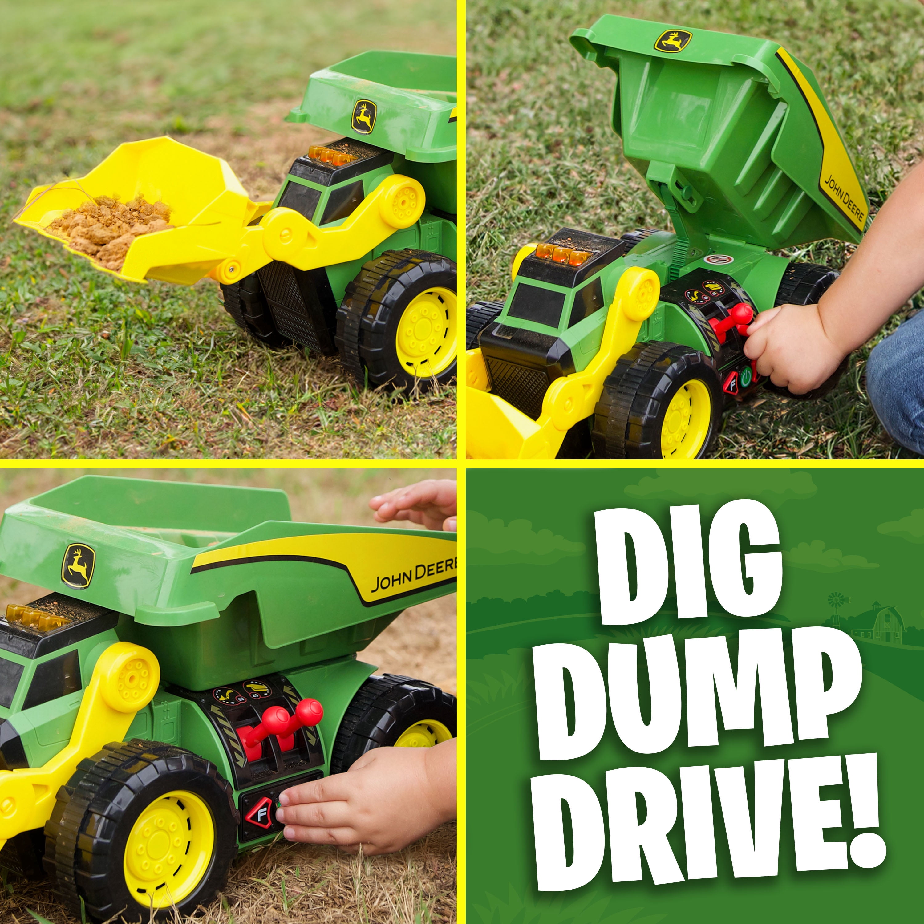 John Deere, 18" 2-N-1 Dig Rig Toy Dump Truck and Front Loader with Lights and Sound, Children Ages 3 and up
