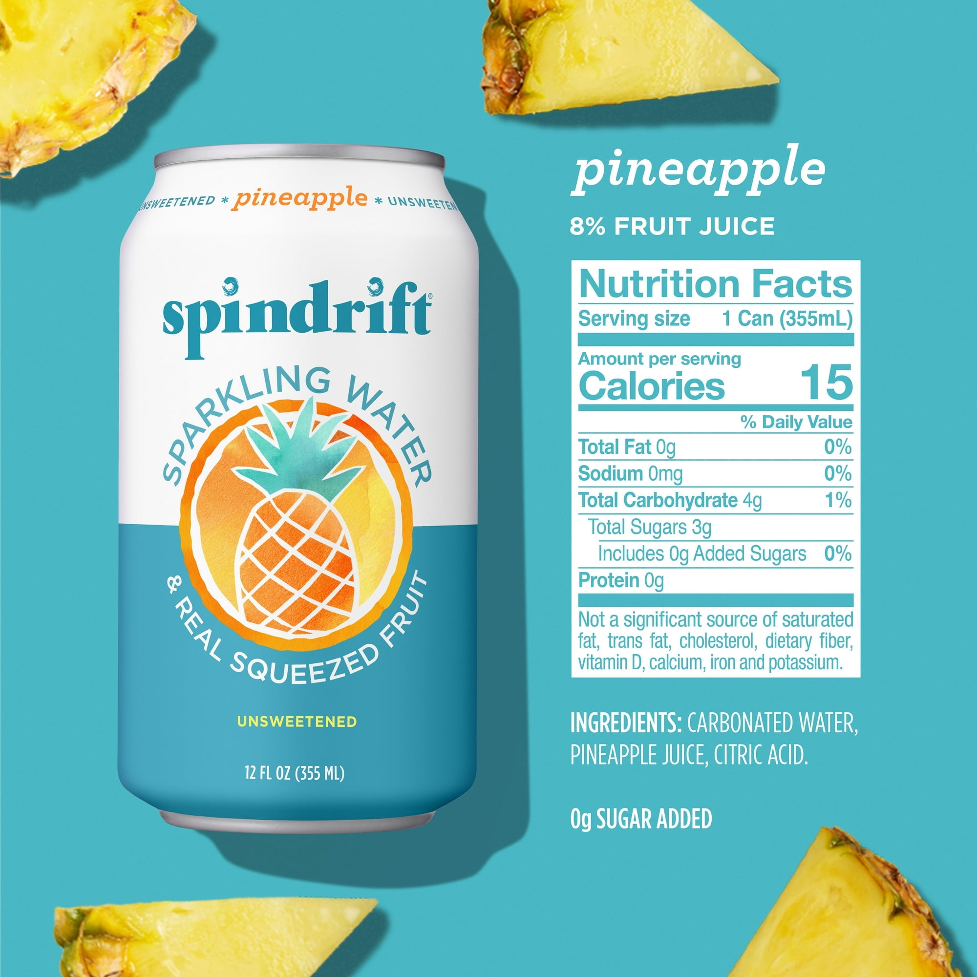 Spindrift Sparkling Water , Pineapple Flavored, Made with Real Squeezed fruit, 12 fl oz, 8 count, No Sugar Added, 15 Calories per Can