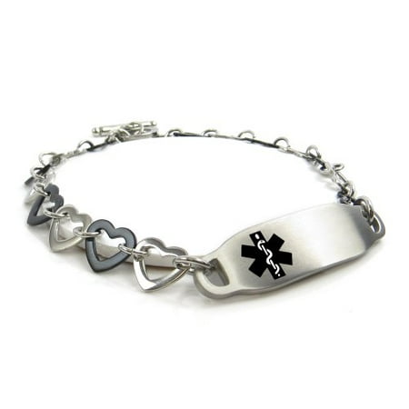 Myiddr Deaf Womens Medical Alert Bracelet Steel Black Hearts Pre Engraved Myiddr Deaf Womens Medical Alert Bracelet Steel Black Hearts Pre Engraved