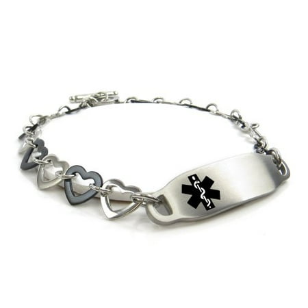 MyIDDr - Multiple Sclerosis Womens Medical Alert Bracelet Steel/Black Hearts