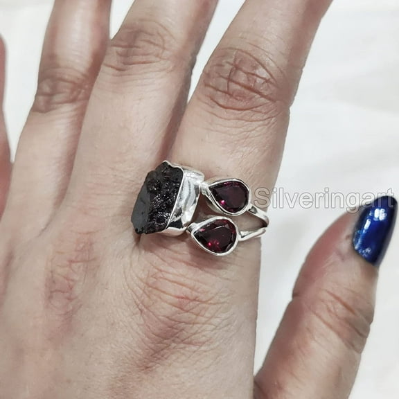 Natural Pear Garnet Ring, Rough Garnet Adjustable Ring, January Birthstone, Three Stone, 925 Sterling Silver, Womens Ring, Christmas, Thanksgiving, Handmade, Statement Jewelry, Rough Gemstone Jewelry