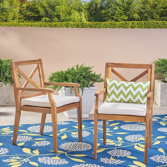 Outdoor Dining Chair Set of 2 with Acacia Wood and Cream Cushions, Patio Chairs and Garden Seating for Backyard Poolside, Teak and Cream