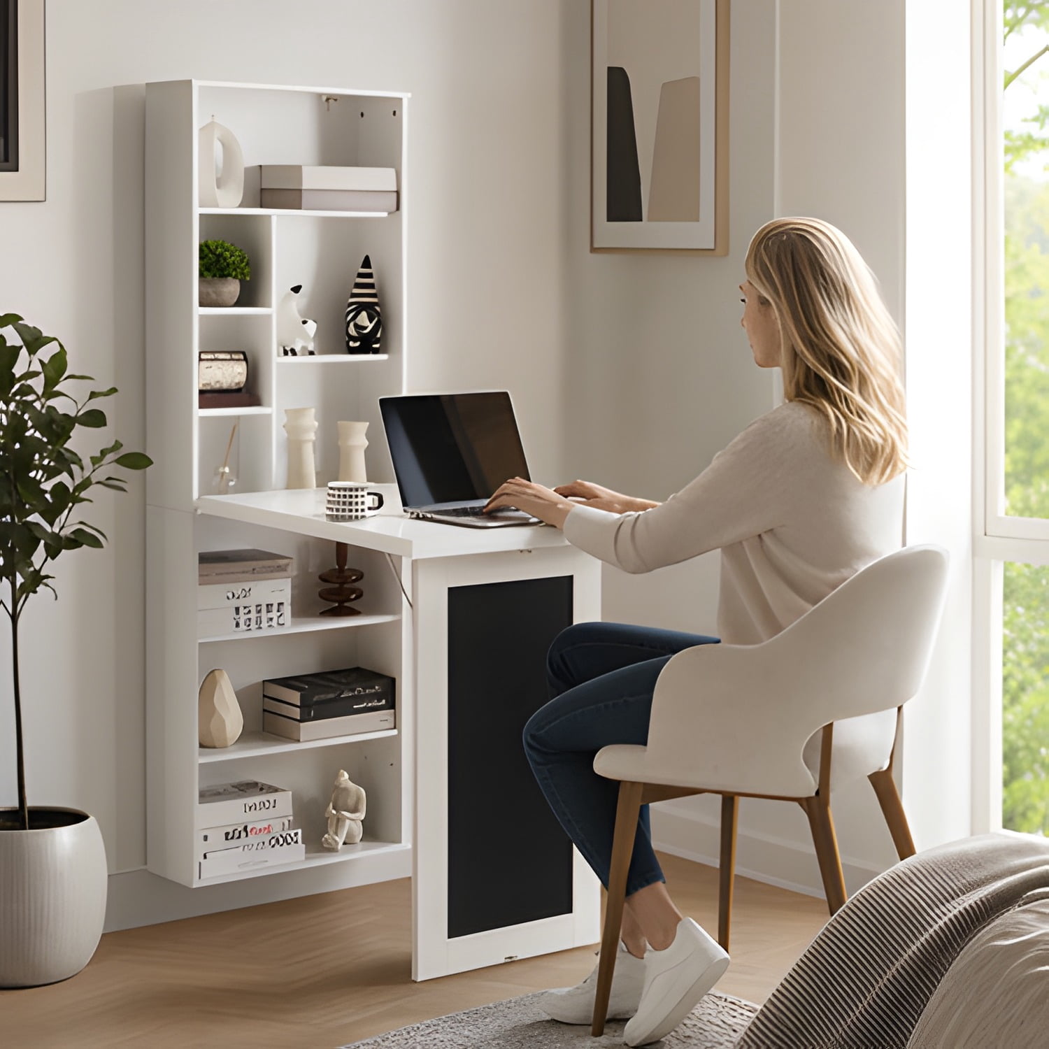Wall Mount Fold Out Convertible Murphy Desk with Blackboard & Adjustable Storage Shelves, Space Saving Foldable Wall Table Cabinet for Home Office Bedroom Living Room