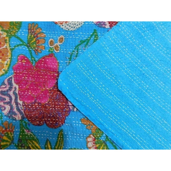 Yuvancrafts Indian Handmade Kantha Quilt Hand Block Floral Print Twin Size Kantha Bedspread Throw Quilt Blanket