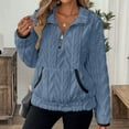 thumbnail image 7 of Women's Winter Solid Color Half Zip Lapel Collar Jacquard Print Sweatshirt, Fleece Lined Pocket Hoodless Long Sleeve Pullover Top with Loose Fit Comfortable Fabric for Casual Daily Wear Blue L, 7 of 7