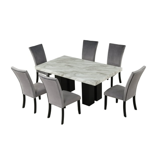 Tfixol 7 Piece Dining Table Set With 1 Faux Marble Rectangular And 6 Upholstered Seat Chairs For Room Living Furniture Top 70in Lx42in Wx3in H Gray Com Faux Marble Dining Rectangular Table, Marble Dining Table Set 7 Piece