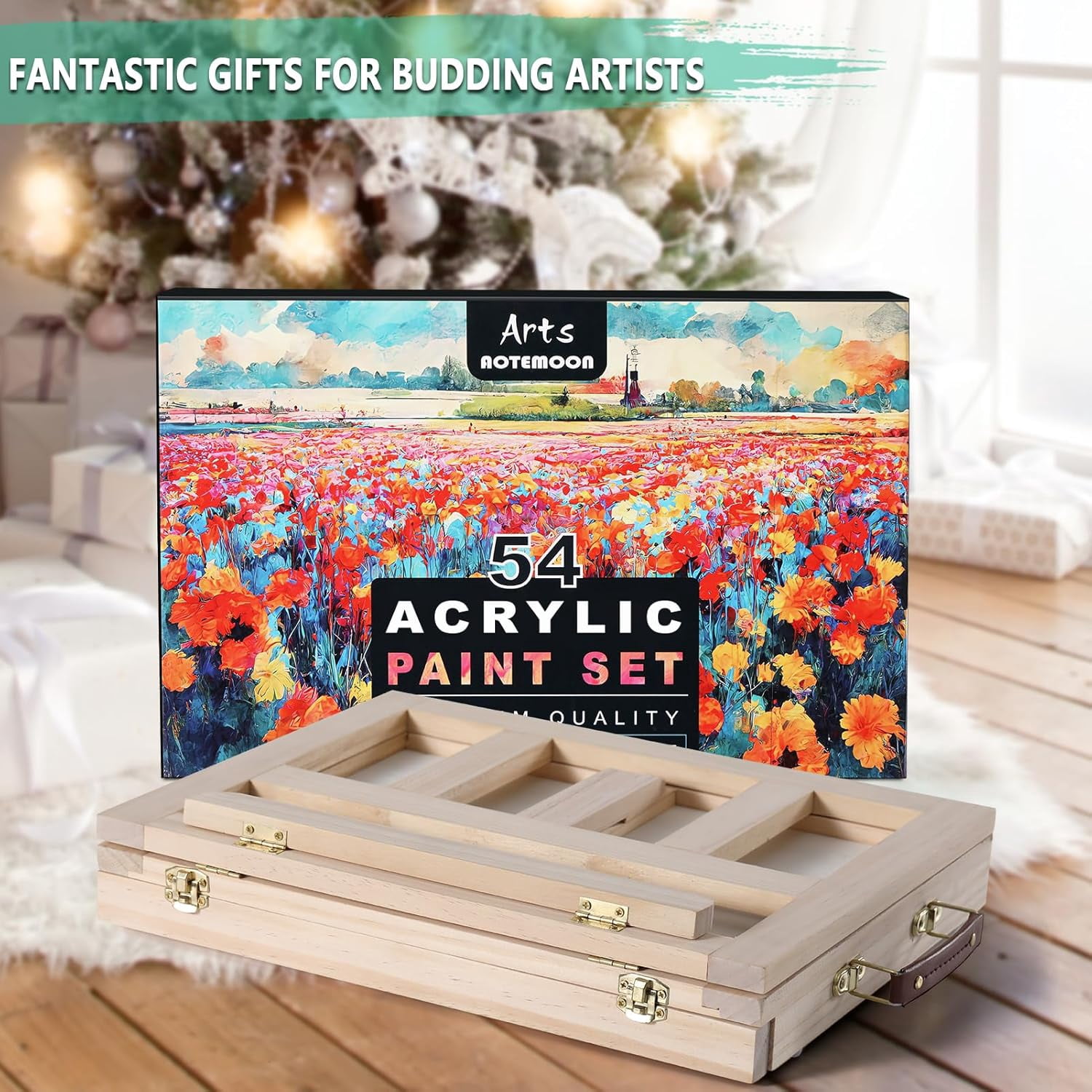 Wooden Tabletop Art Easel Set for Painting, 54 Pieces Starter Acrylic Paint with 24 Colors Paints, Canvases, Sketch Pads, Brushes and Palette Beginners Young Artists Adults