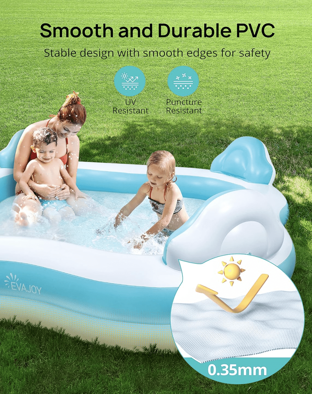 EVAJOY Inflatable Swimming Pool for Kids, Adults, Family-Sized Above Ground with 4 Seats, 4 Backrests, 2 Cup Holders Backyard, Garden, Outdoors, 200 gal