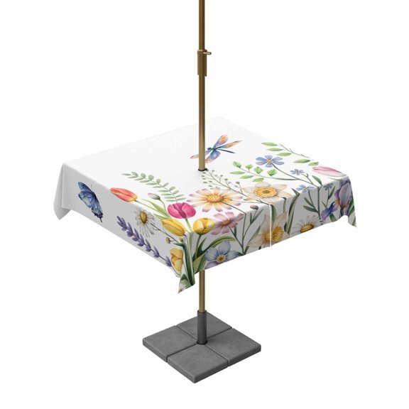 Outdoor Tablecloth with Umbrella Hole and Zipper, Wildflowers Square Table Cloth 60x60 Inch Waterproof Tablecloth, Spring Country Tulip Butterfly Floral Leaf Picnic Table Cover for Patio Camping