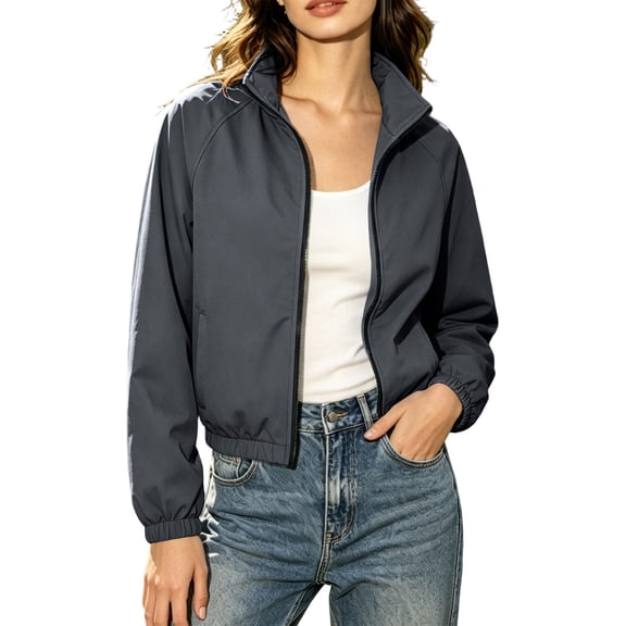 Admvng Women's Stand Collar Full Zip Cropped Windbreaker Jacket Pocket Lightweight Casual Outerwear