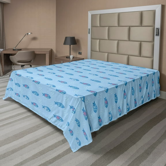 Ambesonne Marine Flat Sheet, Fishes and Nautical Elements, Queen Size, Pale Blue and Sea Blue