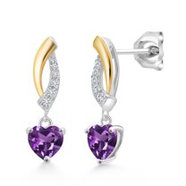 Gem Stone King 925 Silver and 10K Yellow Gold Purple Amethyst and White Lab Grown Diamond Dangle Earrings for Women | 0.91 Cttw | Gemstone February Birthstone | Heart Shape 5MM