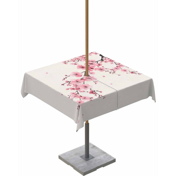 Hokiten Outdoor Tablecloths with Umbrella Hole & Zipper, Cherry Blossoms 60x60 Inch Square Tablecloths, Pink Flower Floral Spring Nature Country Waterproof Table Cloth, Patio/Pool Table Covers