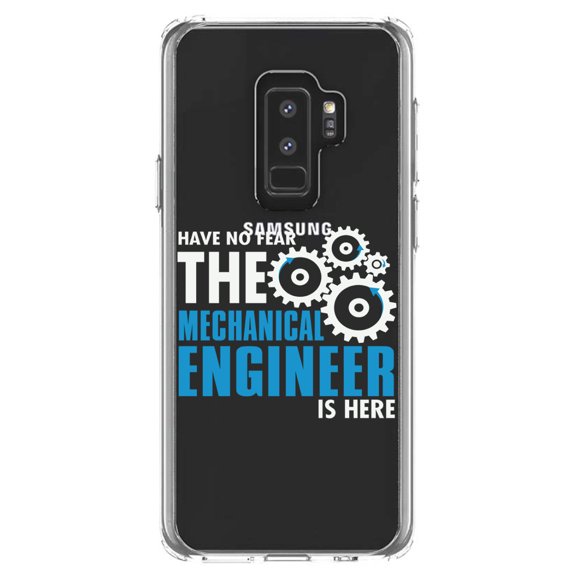 DistinctInk Clear Shockproof Hybrid Case for Samsung Galaxy S9  PLUS (6.2" Screen) - TPU Bumper Acrylic Back Tempered Glass Screen Protector - No Fear Mechanical Engineer is Here