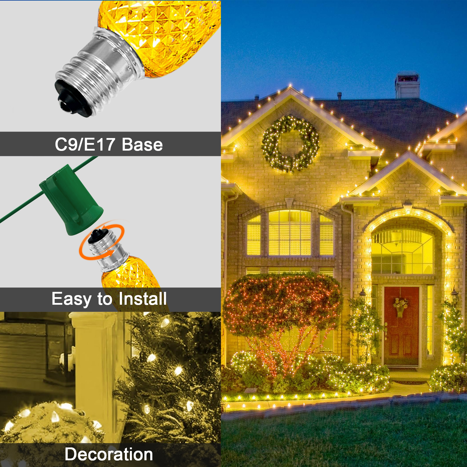 LAMPHOME Yellow C9 Christmas String Light Outdoor, 25FT Shatterproof LED for House Rooflines & Pathways, Connectable Waterproof Vintage Christmas Light for Tree, Yard, Patio, Porch, Garden