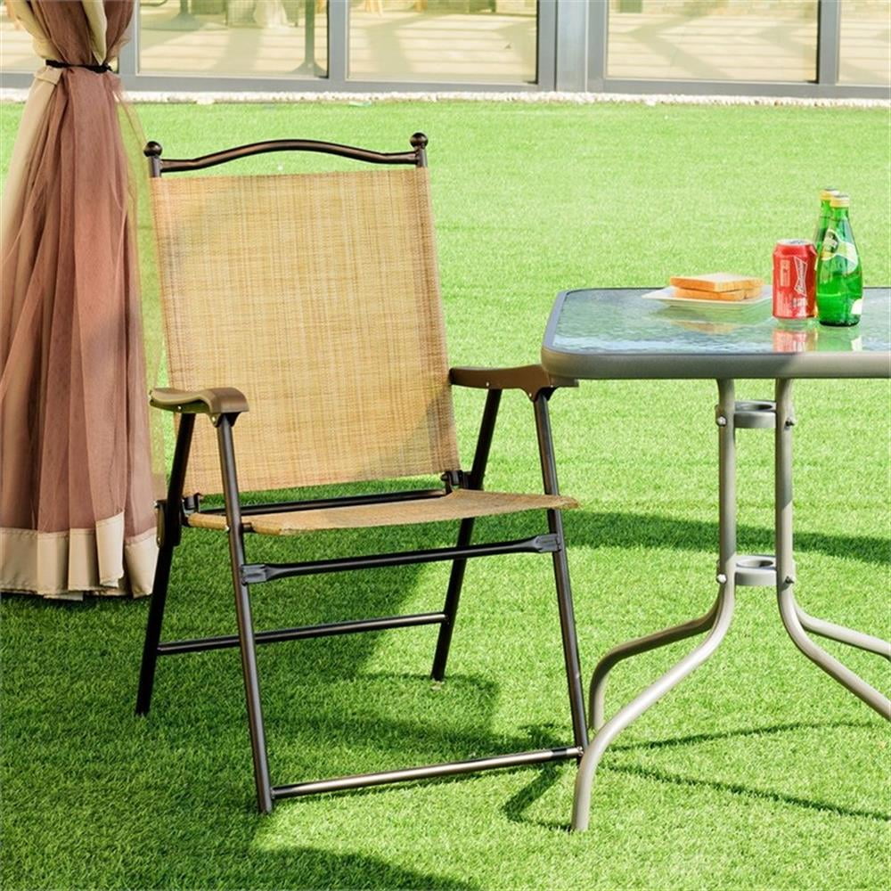 Pemberly Row Set of 2 Patio Steel Folding Sling Back Chairs in Yellow