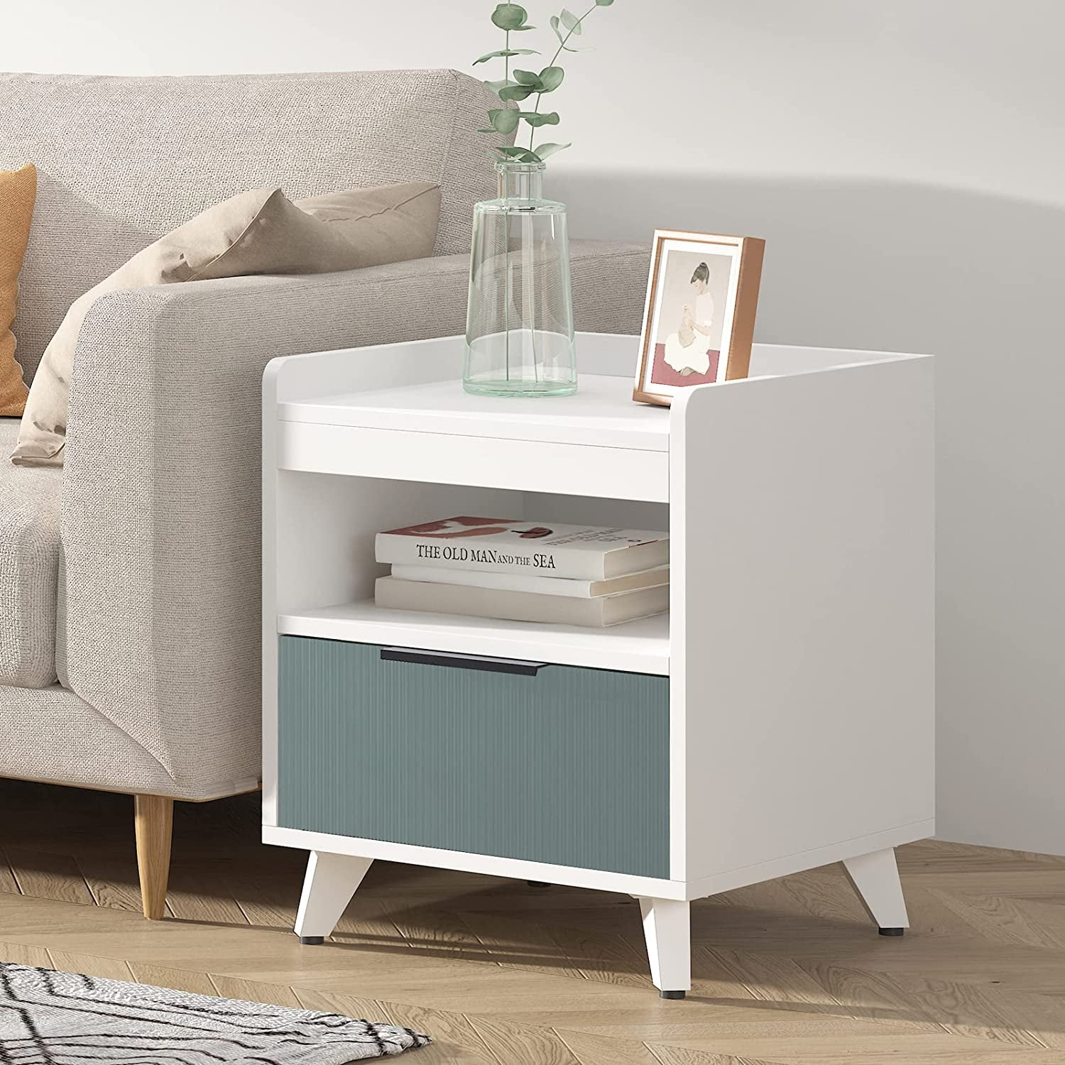 Soges Nightstand with 1 Drawer, Modern White End Table, Bedside Table