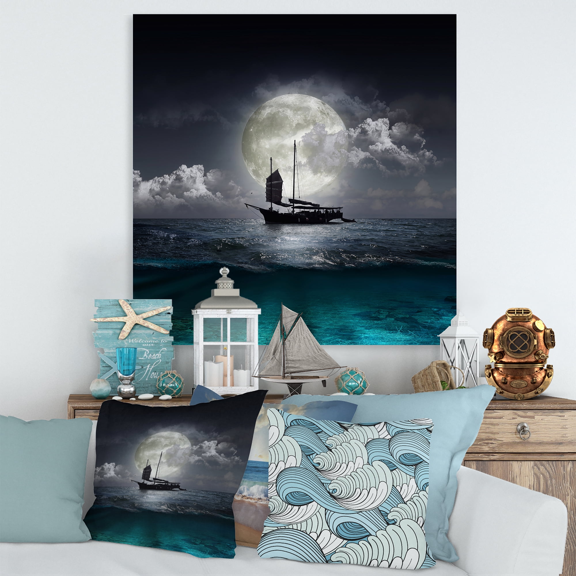 Designart ' The Lake During Full Moon With Fisher Boat ' Nautical & Coastal Canvas Wall Art Print