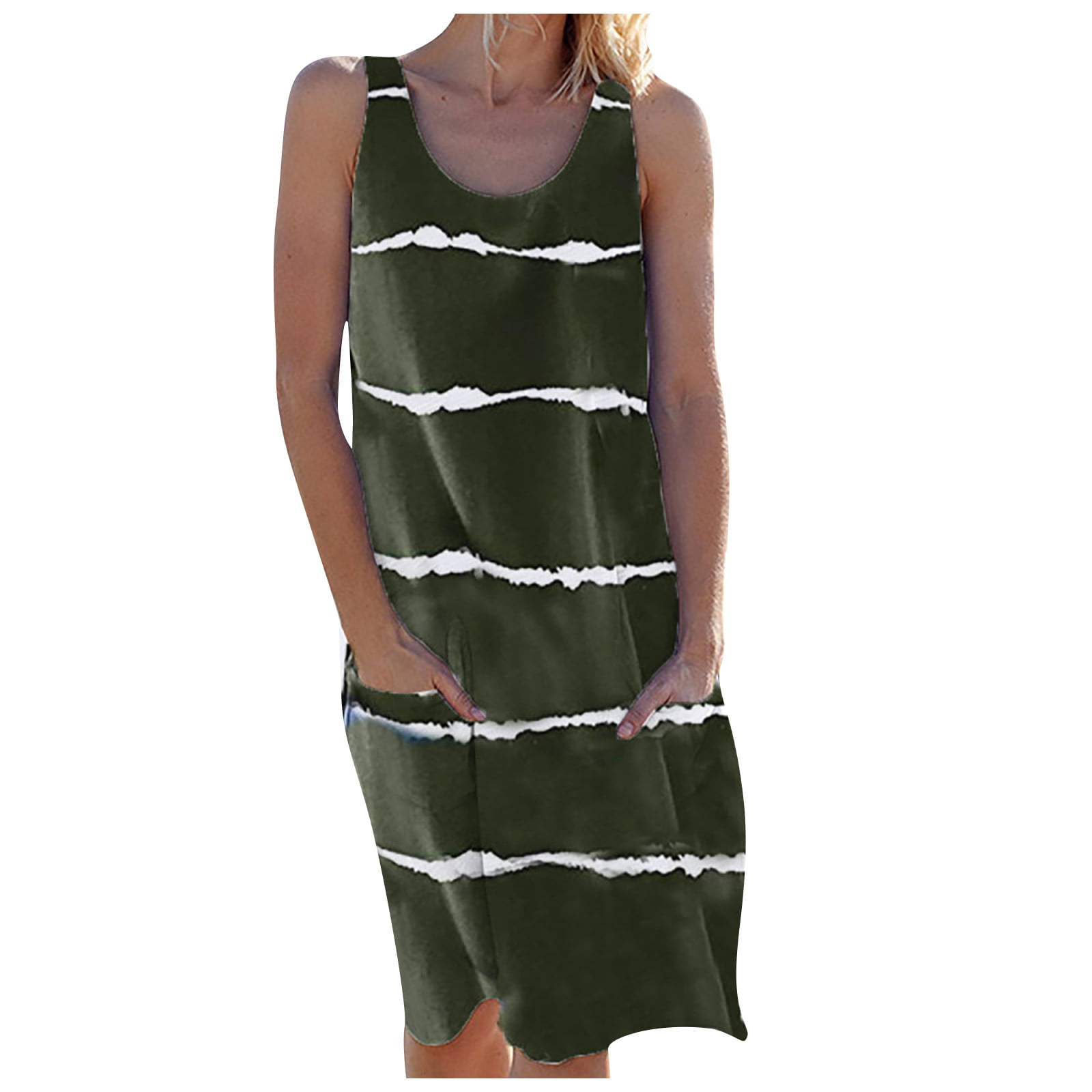 Kecar Summer Dresses for Women O-Neck Sleeveless Shoulder Clasp Butterfly Print Cotton and Linen Dress 