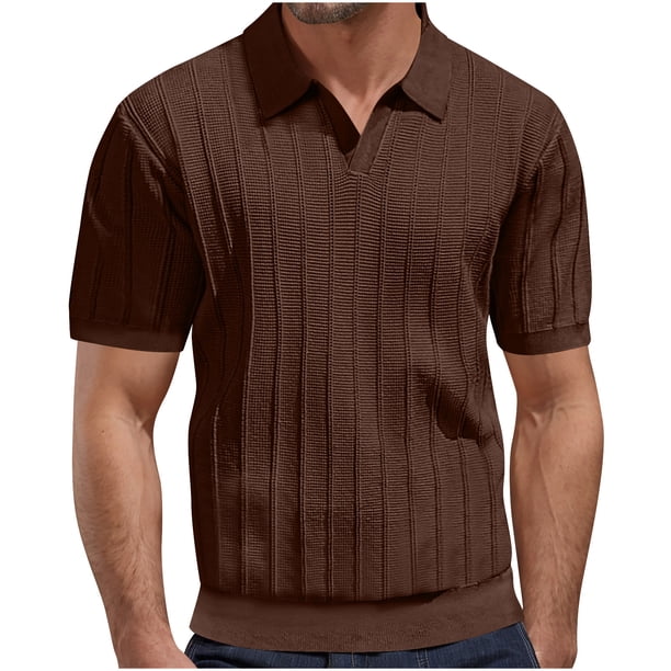 Blusas y camisas de manga corta con cuello en V para hombre, camiseta de punto a rayas con agujeros y malla, camiseta de manga corta con cuello en V, camisa de color liso para hombre.