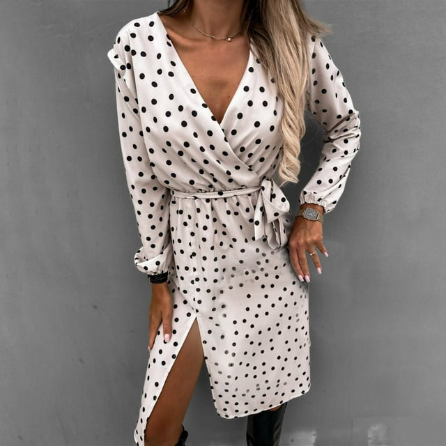 Fankiway Liquidation Robes à Manches Longues Mode Femmes Col en V Manches Longues Bandage Taille Haute Robe Chemise Robes Femmes Grande Taille Liquidation