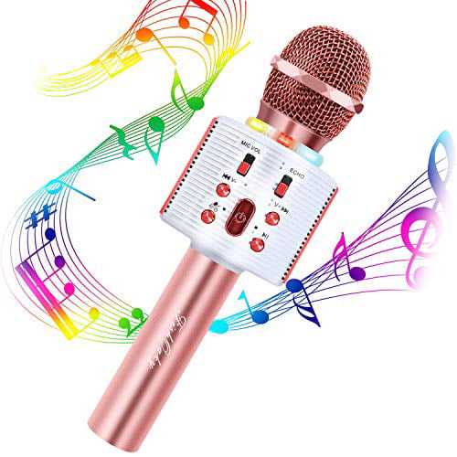 Handheld Kids Bluetooth Microphone with Speaker and Led Lights,Portable Mic Player Speaker for Christmas Birthday Home Party KTV Outdoor Wireless Karaoke Microphone Pink