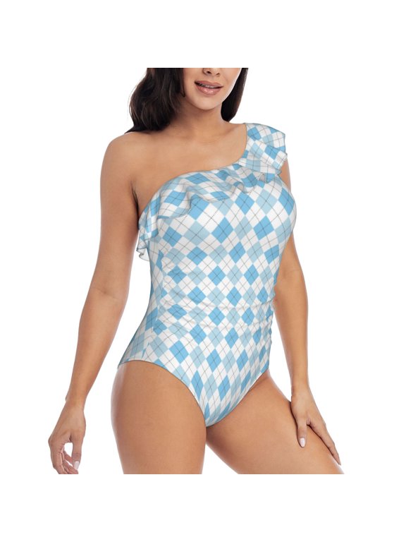 Picia Blue and White Squares Pattern Women's One Piece Swimsuits,One Shoulder Swimwear Asymmetric ,Ruffle Monokinis Bathing Suits,High Waisted Flattering Bathing Suits-Small