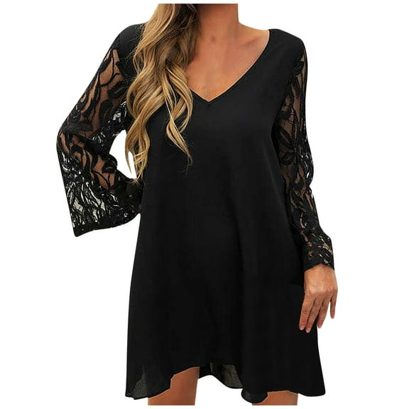 Lindreshi Fall Dresses for Women 2025 Homecoming Dresses Women's Fashion V-Neck Loose Lace Long Sleeve Medium and Long-term Dress