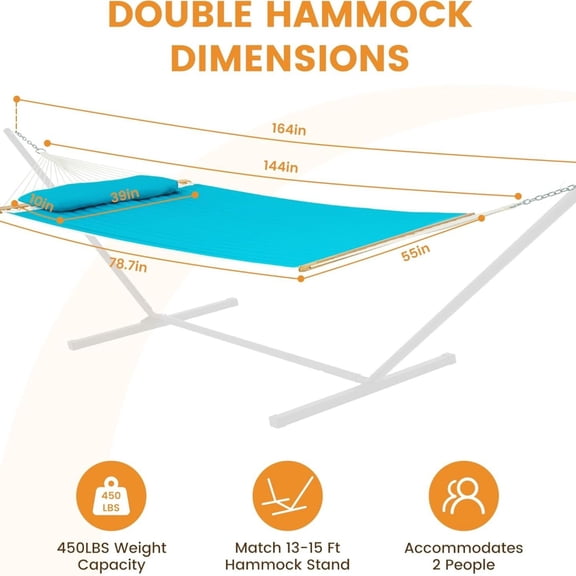 12 FT Double Quilted Fabric Hammock with Spreader Bar and Detachable Pillow, 2 Person Hammock for Outdoor Outside Patio Garden Yard Pool Beach, 450lbs Weight Capacity (Blue)