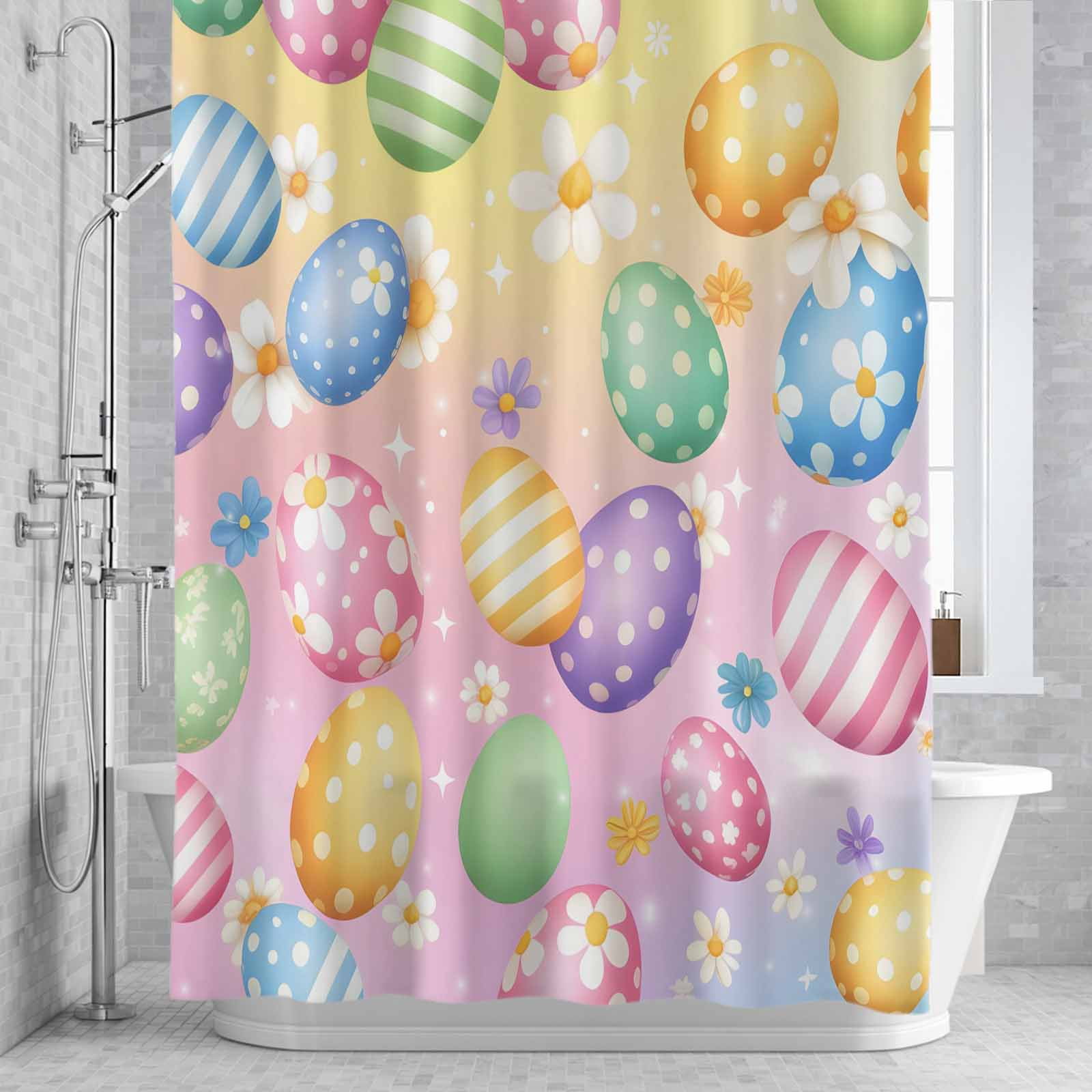 Easter Eggs Shower Curtain for Bathroom, Spring Colorful Easter Eggs Floral Gradient Yellow Pink Waterproof Cloth Fabric Bathroom Accessories Set with 12 Rust Proof Plastic Hooks, 60"x72"
