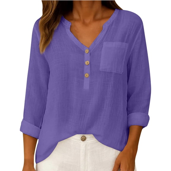 Sevevn Women's V Neck Long Roll Tab Sleeve Blouse Half Button Casual Linen Blend Top with Chest Pocket Purple L