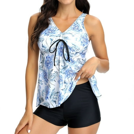 RUTAYY Summer Women 2PCS V-Neck Floral Flower Print Swimsuit And Shorts Swimwear Bathing Beach Sexy Bikini Suits Boho Beachwear