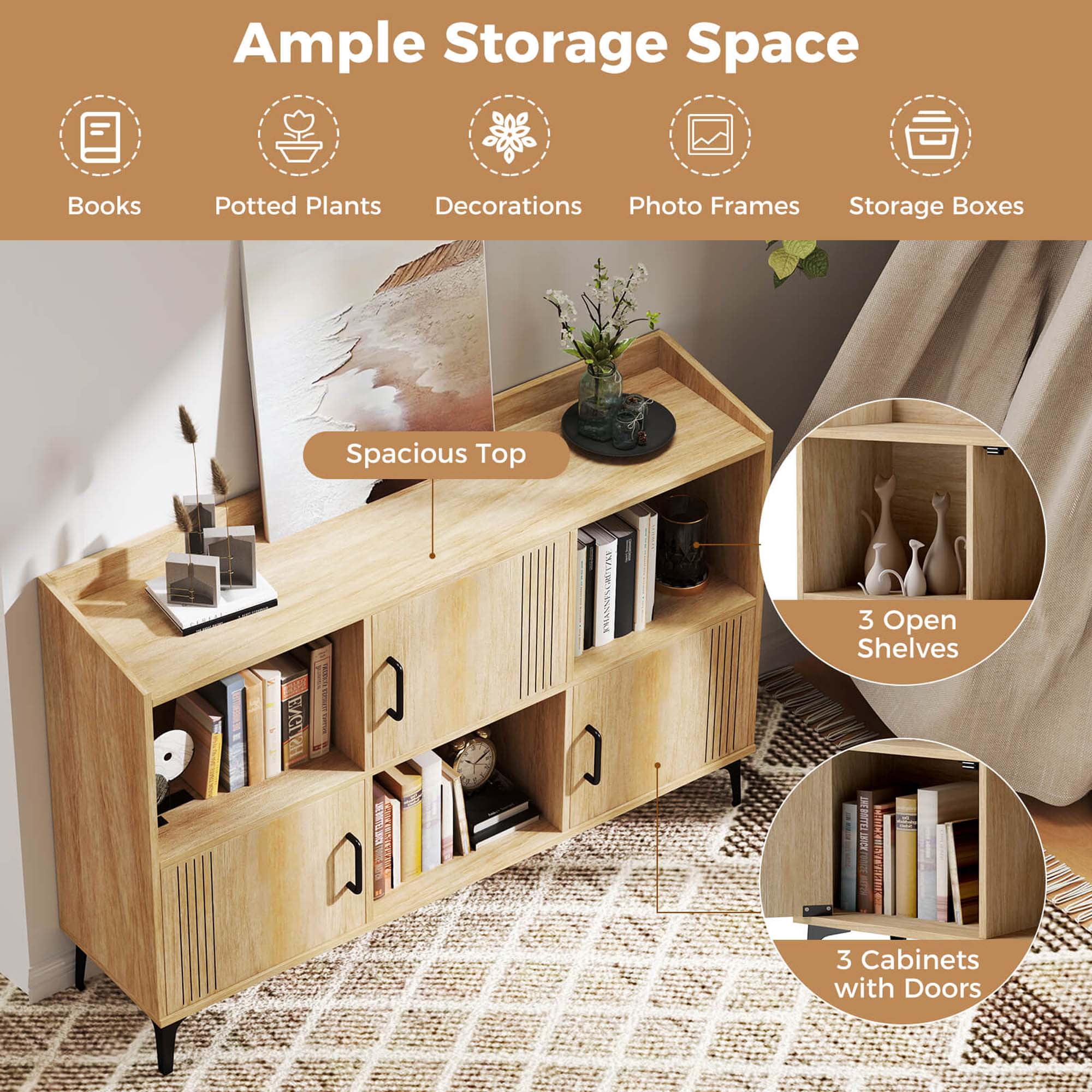 Costway 47" Wide Storage Cabinet Home Large Bookcase with 3 Door Cabinets & Open Shelves