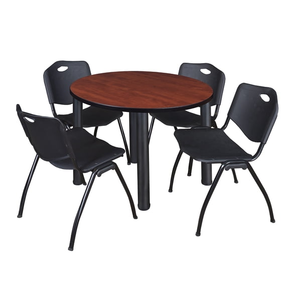 Romig Trek 36 in Round Breakroom Table- Cherry Top, Black Legs, 4 M Stack Chairs- Black