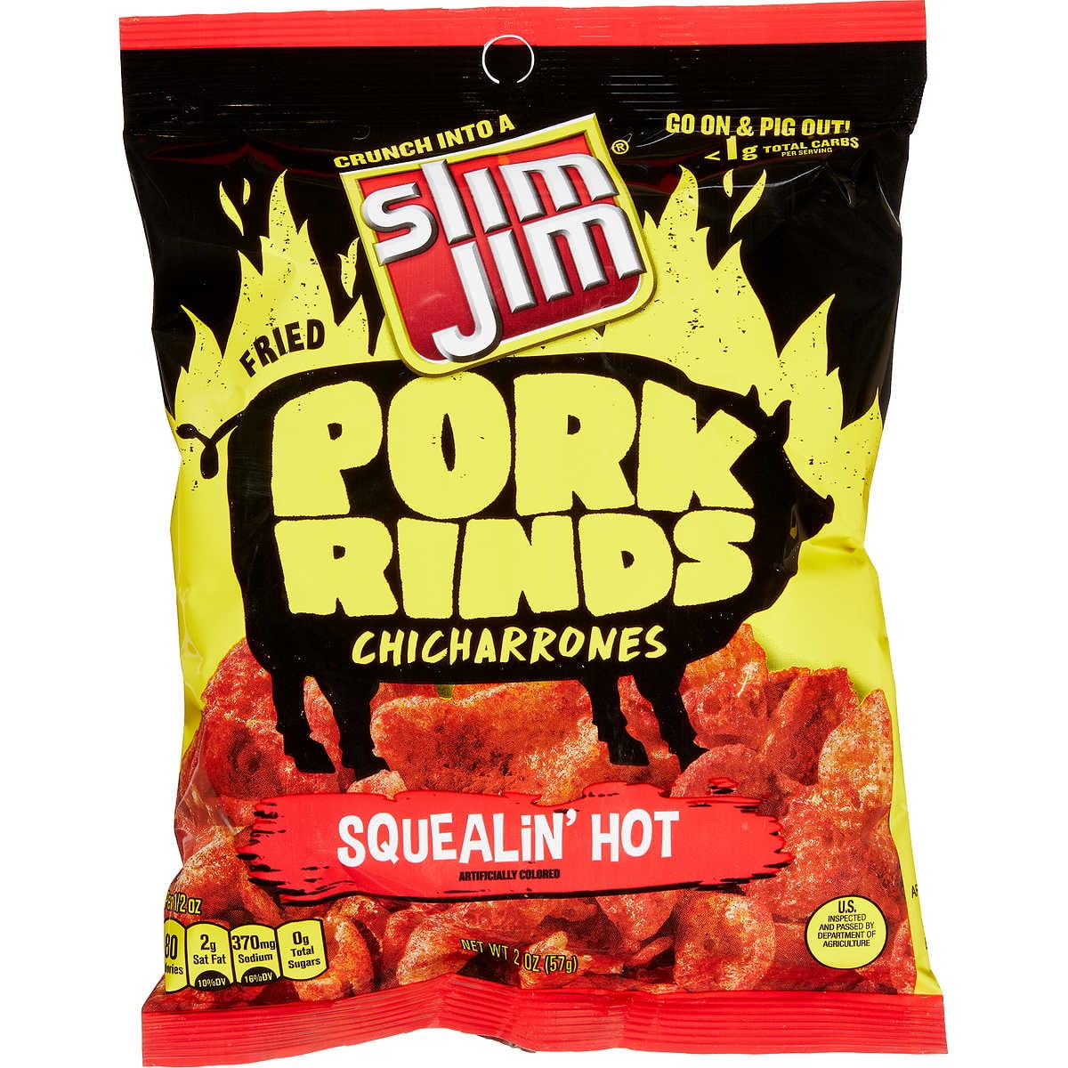 (Price/case)Slim Jim Pork Rinds Squealin' Hot Fried Snacks 2 Oz. Bag 12