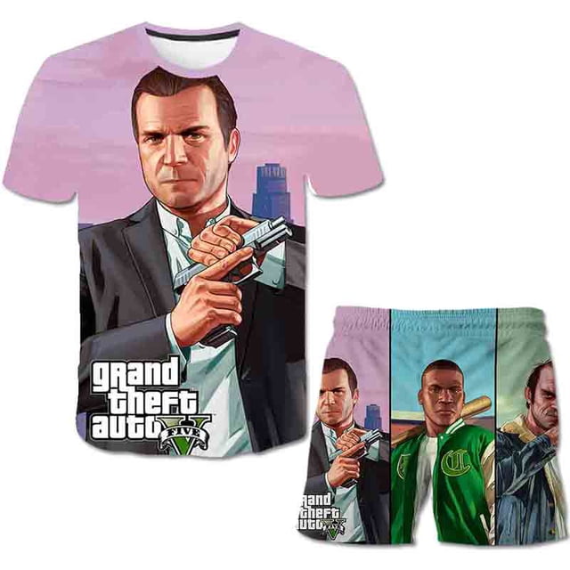 Grand Theft Auto Conjuntos de ropa Moda de verano Camisetas de dibujos animados Pantalones cortos Trajes de 2 piezas GTA5 Disfraces de cuello redondo Suits11T Gao Jinjia LED