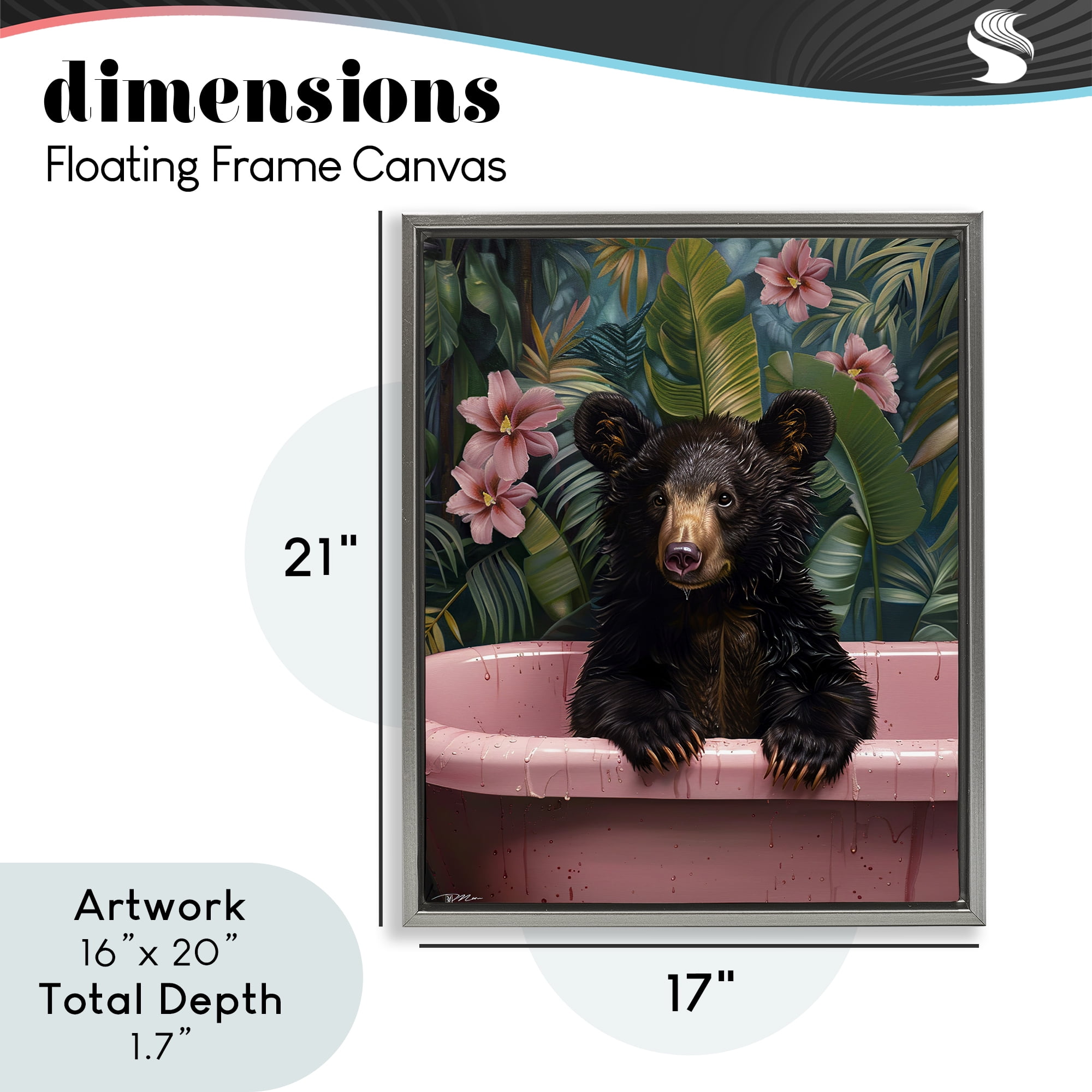 Bruno Bear in Pink Tub Gray Framed Floater Canvas Wall Art, design by Momart