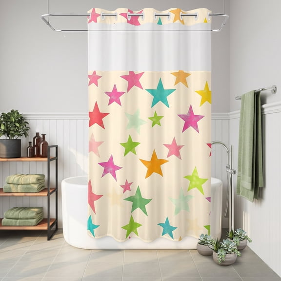 No Hook Shower Curtain Colorful Stars Waterproof Fabric Shower Curtain Red Green Hotel Style Bathroom Curtain with See Through Top Window Machine Washable 36x72in