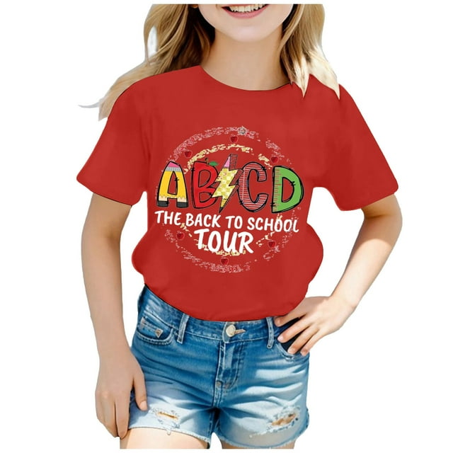 AWZXDE Hauts pour Filles Enfants Rentrée des Classes Graphique Manches Courtes Col Rond T-Shirt Lumineux Confortable pour Garçons et Filles