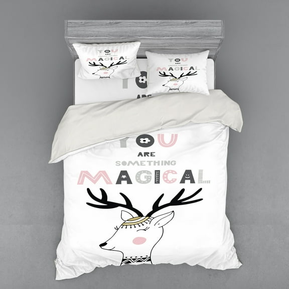 Saying Duvet Cover Set, You are Something Slogan with Forest Deer with Zigzag Motifs, Bedding Set with Shams and Fitted Sheet, 3 Sizes, by Ambesonne