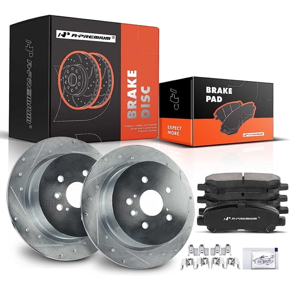 A-Premium 12.17 inch (309mm) Rear Drilled and Slotted Disc Brake Rotors   Ceramic Pads Kit Compatible with Select Toyota Models - Highlander 2008 2009 2010 2011 2012 2013 2014, 6-PC Set