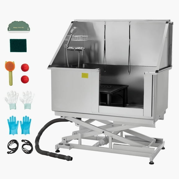 KFFKFF Electric Lift Dog Washing Station, 50-Inch Stainless Steel Pet Grooming Tub with Water Filter Board, Faucet, and Showerhead for Multi-Pet Use (Right Door)