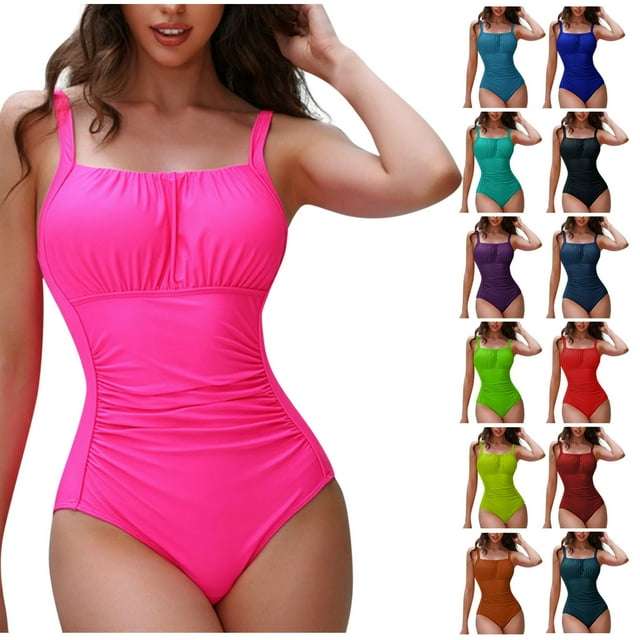 Fanxing Women's One Piece Swimsuit Ruched Tummy Control Bathing Suit Full Coverage Swimwear Hot Pink,XL