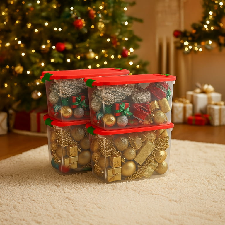 Homz Large 112 Qt Green & Red Lid Plastic Holiday Storage Tote Box