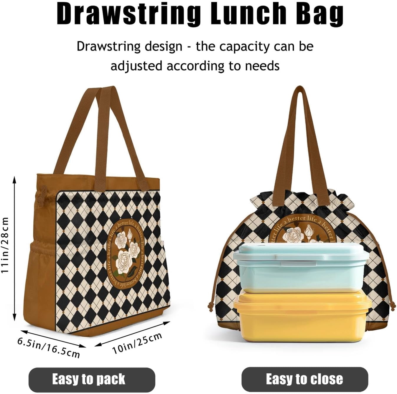 Lunch Bag for Women Insulated Womens Drawstring Lunch Bag for Work, Stain-Resistant Large Lunch Box for Women with Containers, Cinch Closure Cromwell Bag Black Man Reusable Lunch Bag Office